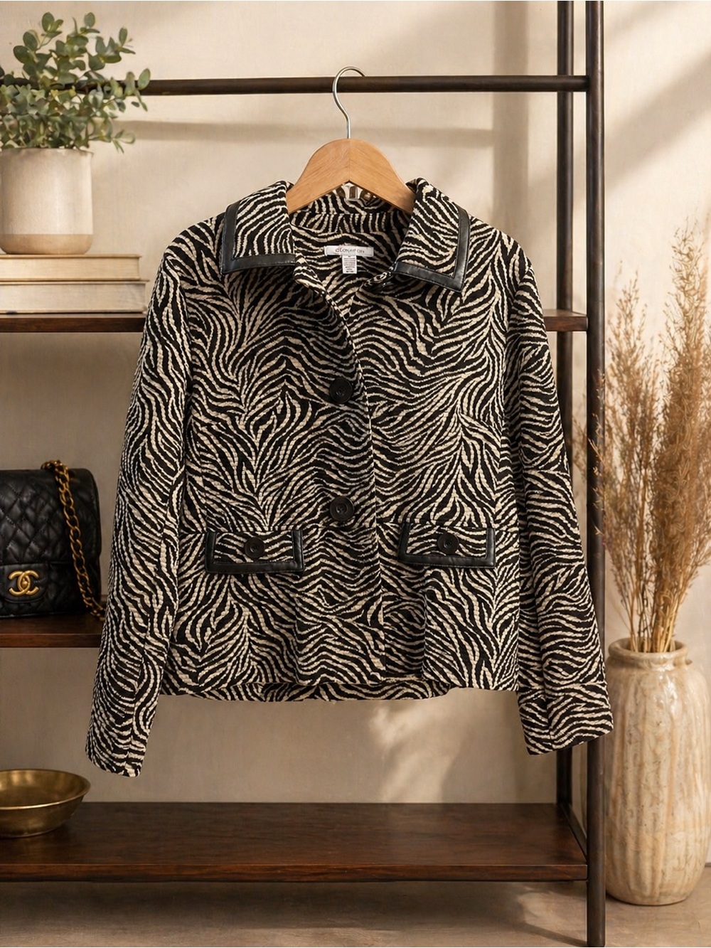 JM Collection Zebra Print Jacket Faux Leather Trim Medium